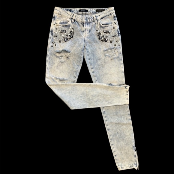 Guess light wash bling rhinestone studded distressed glam edgy chic jeans NWT 26 - Picture 3 of 15